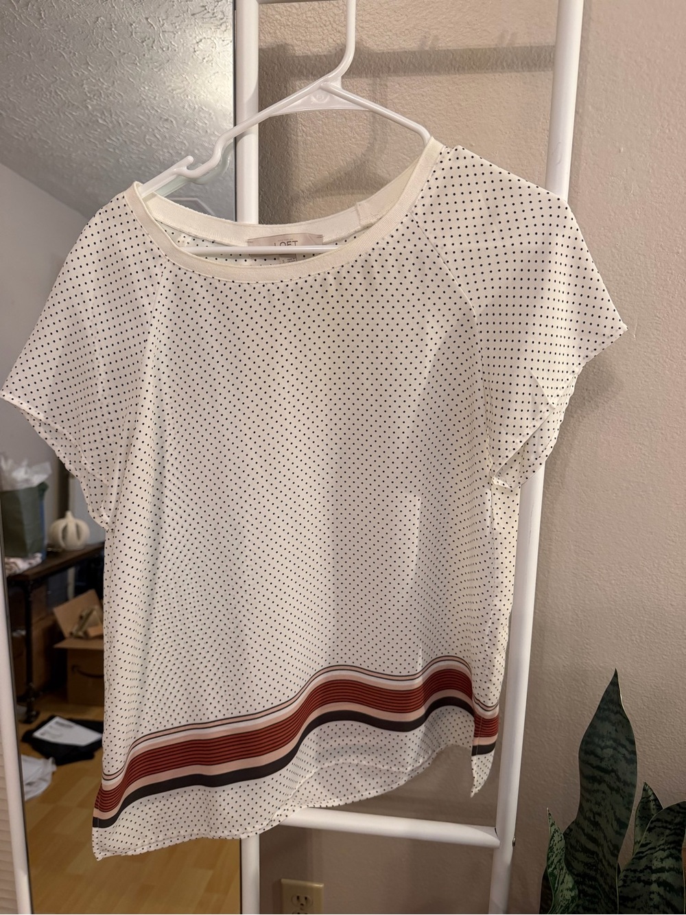LOFT Cream Dot Short-Sleeve Blouse with Striped Hem